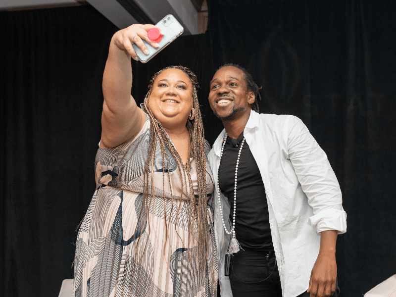 Alexis Anderson-Reed and Maurice Mitchell after a fireside chat.