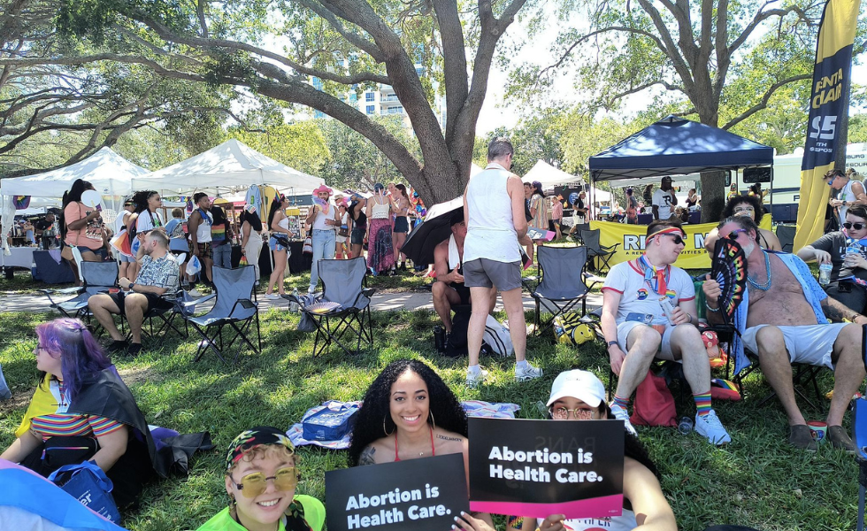 The Floridians Protecting Freedom campaign supporters celebrate pride month and rally for reproductive justice.