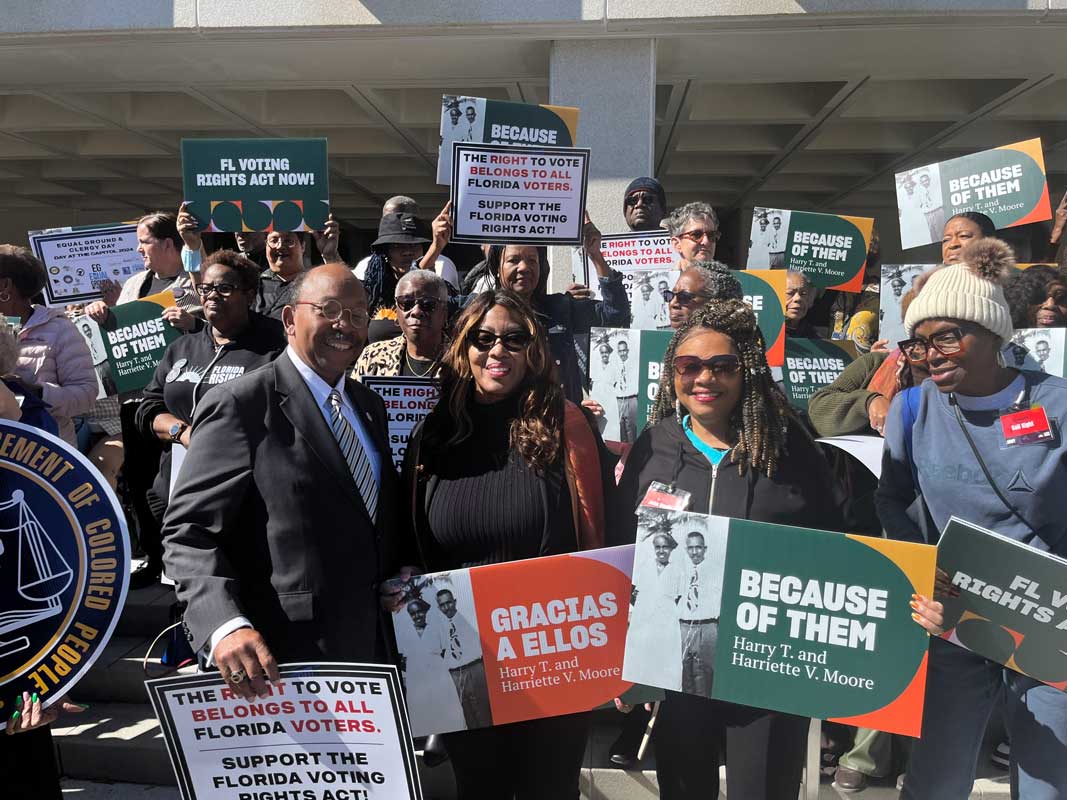 Voting rights advocates gather at the Florida state capitol building in Tallahassee, Florida on February 7, 2024.