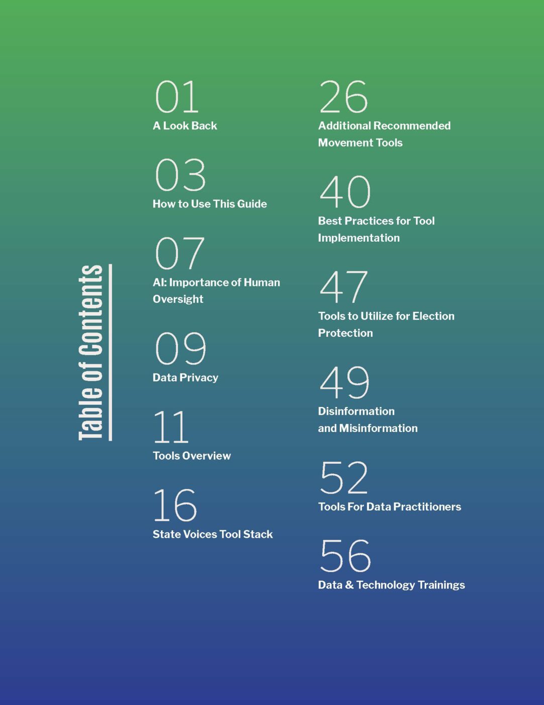 Tools and Tech Guide table of contents page in white text over a green to blue background