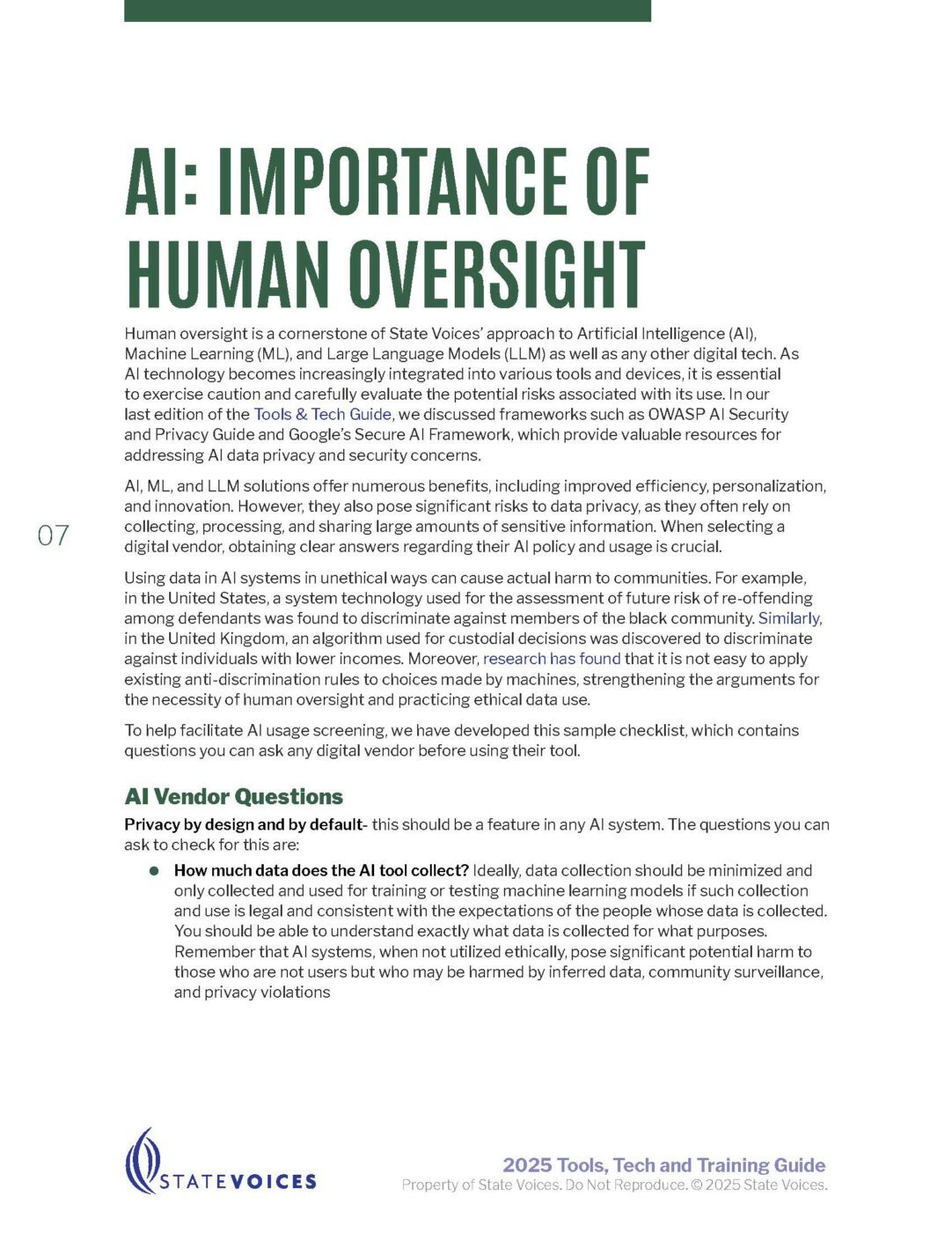 Page 10 from the 2025-2026 Tools and Tech Guide highlighting the importance of human oversight in artificial intelligence