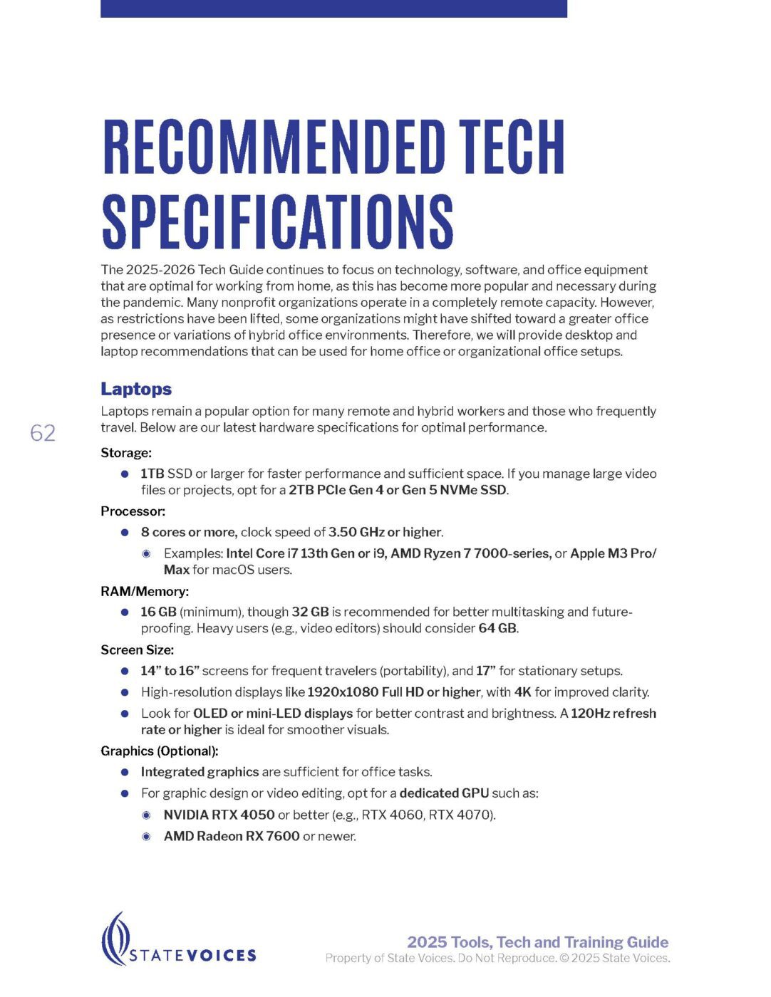 Page 65 from the 2025-2026 Tools and Tech Guide covering Recommended Tech Specifications