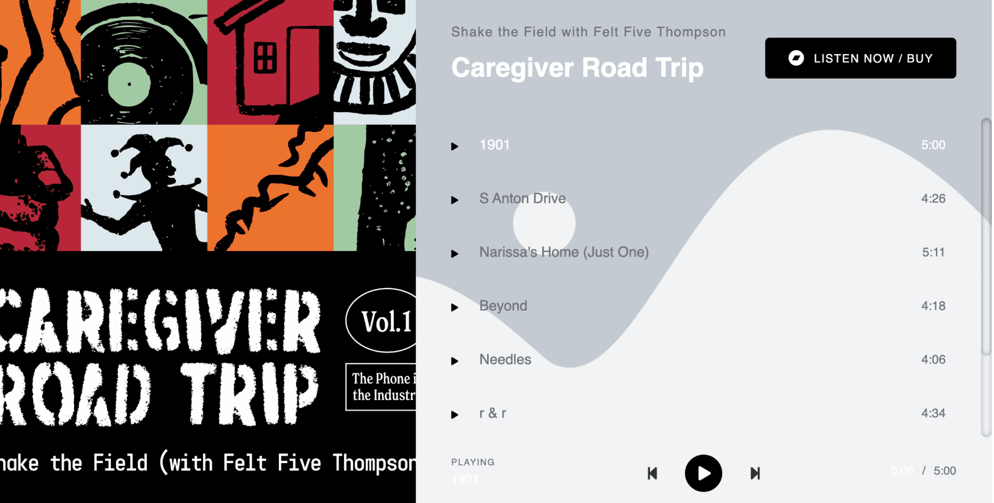 The Caregiver Road Trip album cover and a few track names