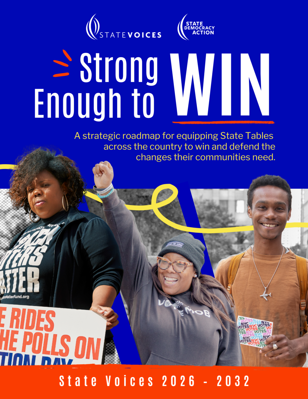 A report cover image with the title Strong Enough to Win, and showing black organizers holding signs