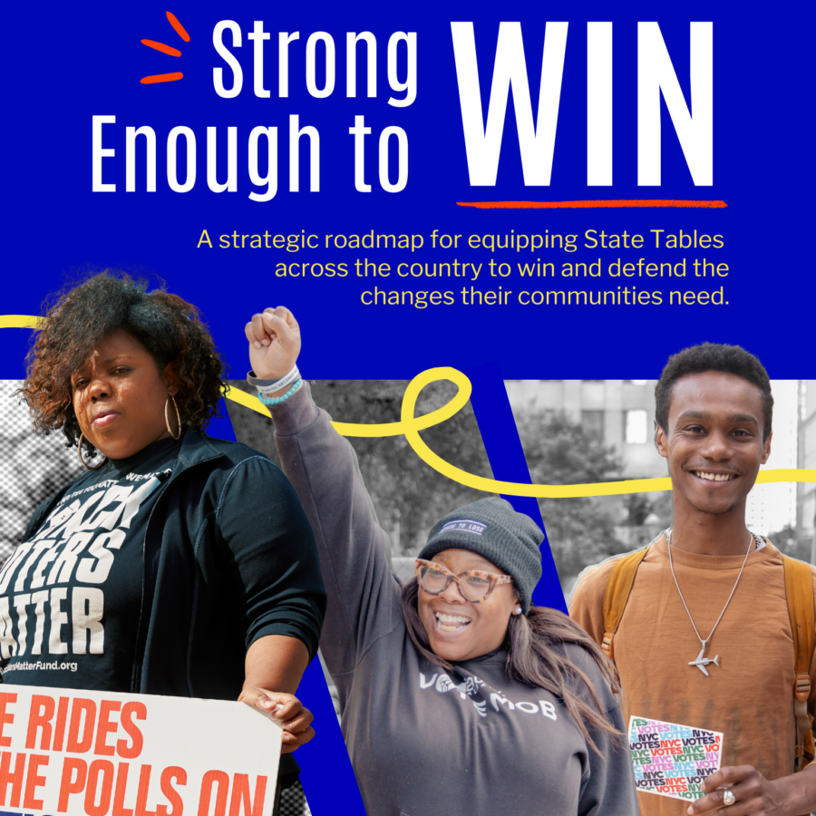 A report cover image with the title Strong Enough to Win, and showing black organizers holding signs
