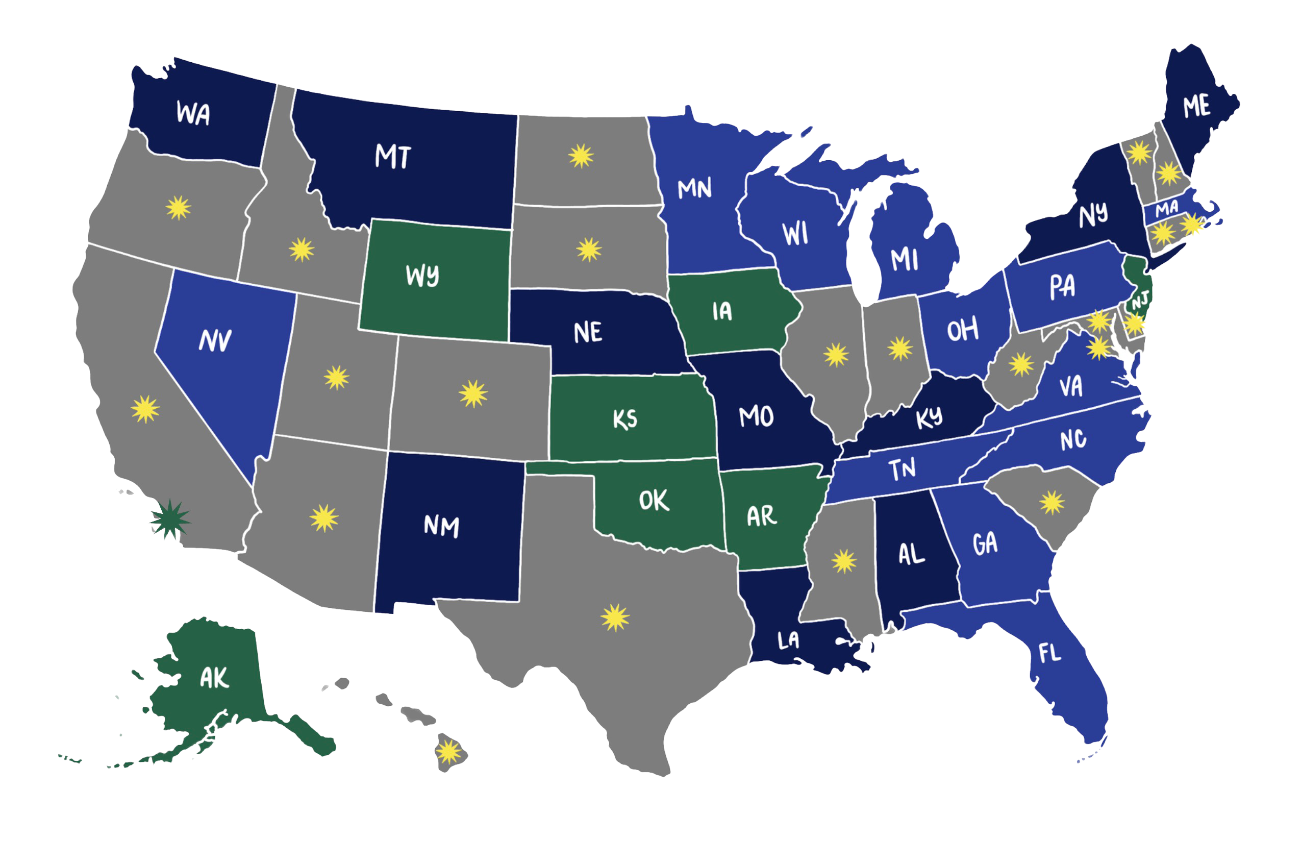 map of the US with states color coded according to their level